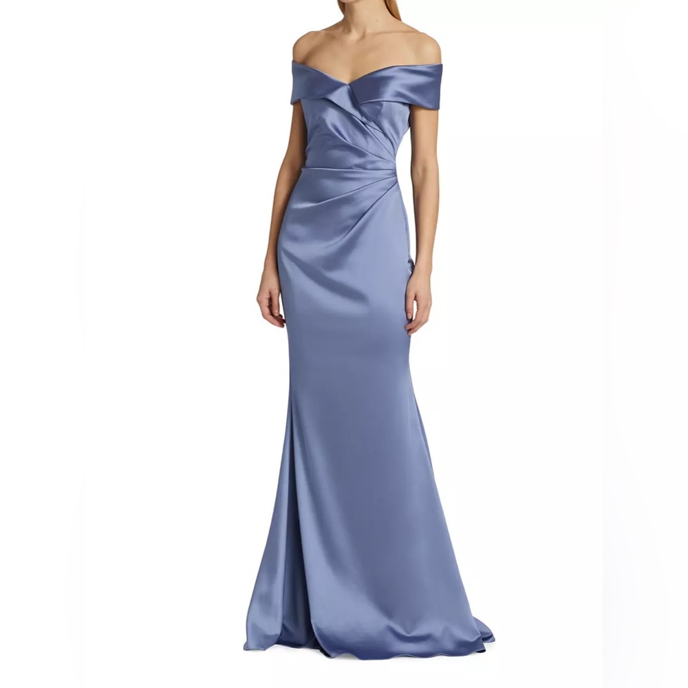 Teri Jon Gown Women 14 Blue Purple Stretch Satin Off Shoulder Glam Chic